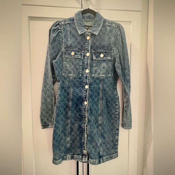 River Island RI College Denim Shirt Jacket Monogram Printed Button Dress (UK 12) - Picture 1 of 6